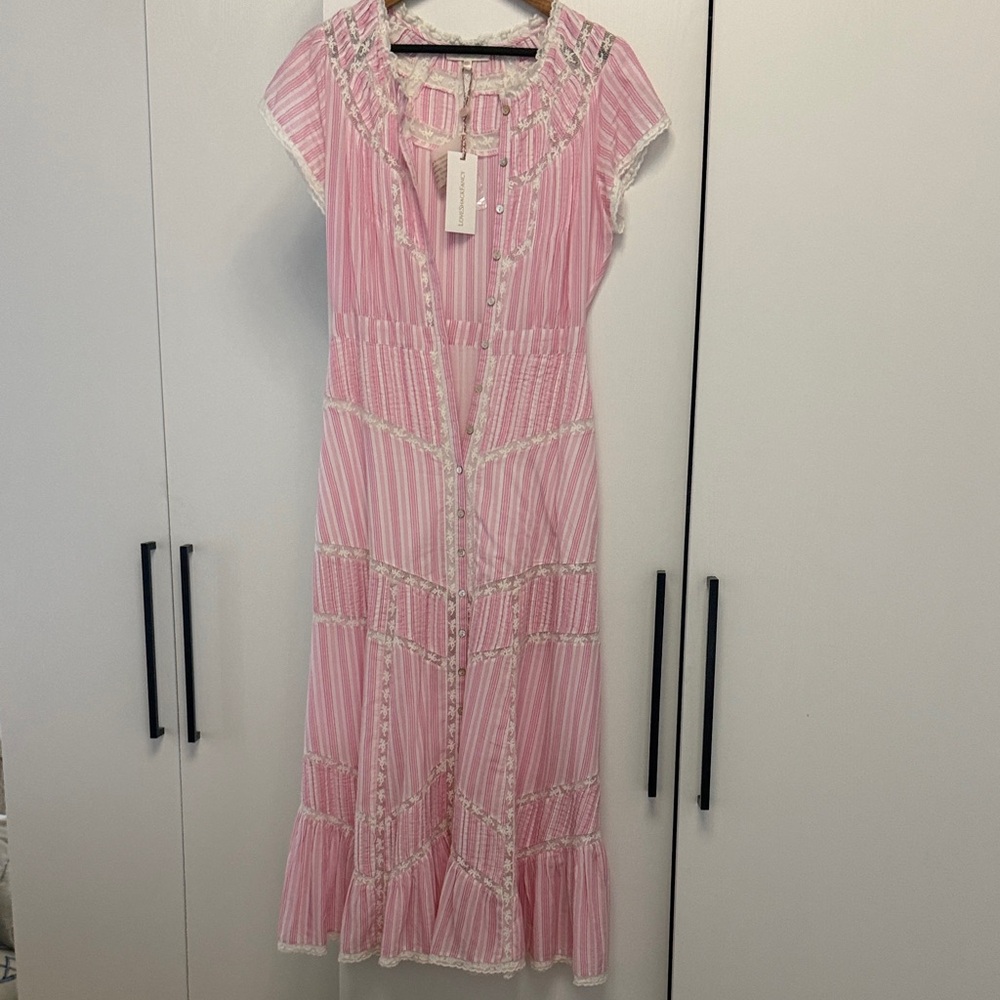 Love shack fancy pink and white stripe long dress
